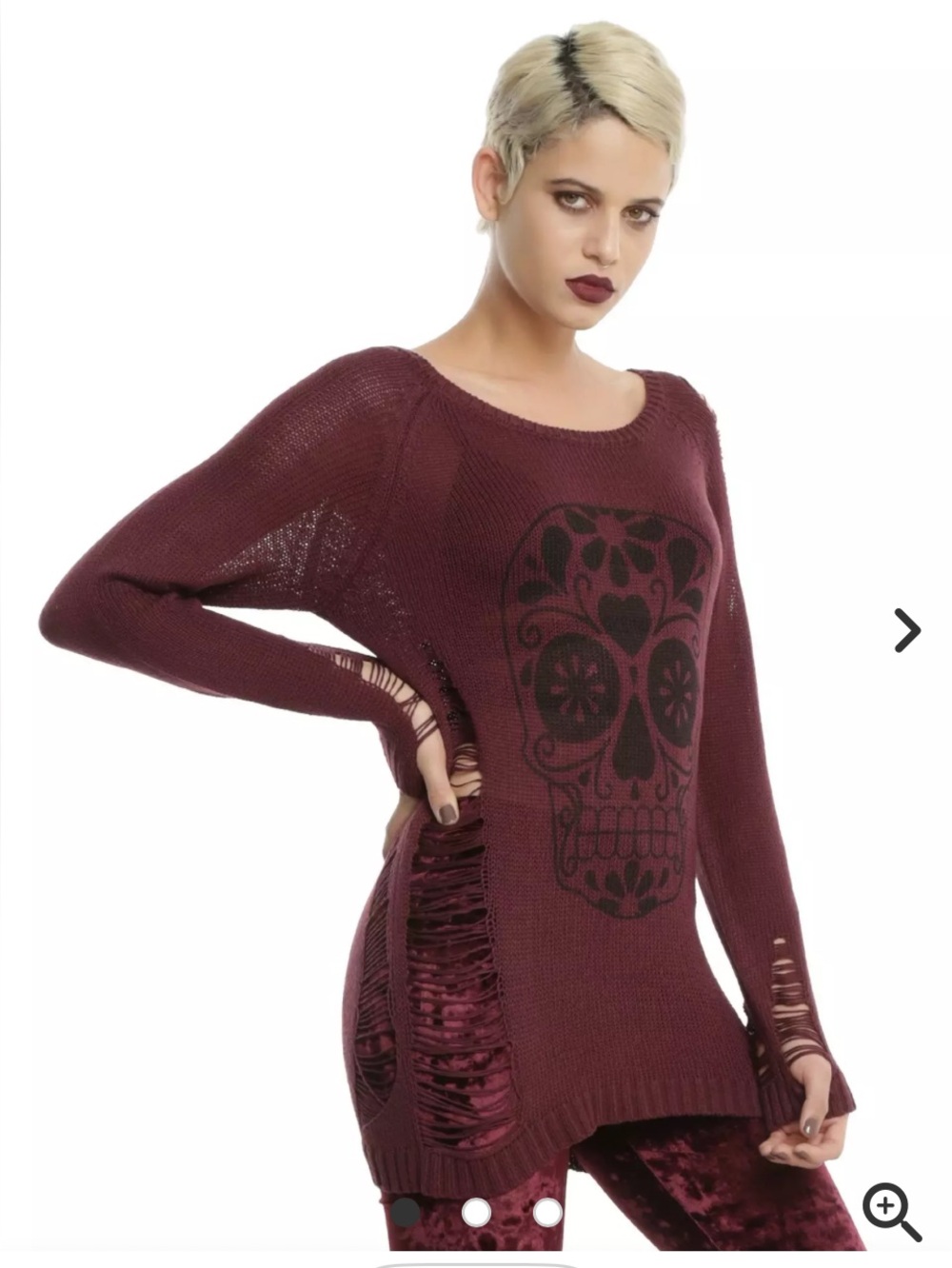 Hot Topic Maroon Distressed Skull Scoop Neck Sweater